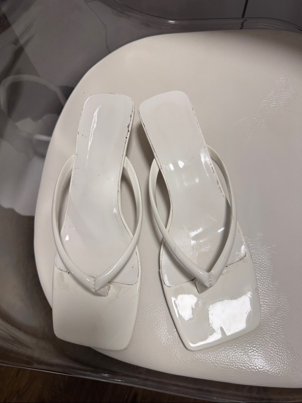 White Patent leather flip flop kitten heels
